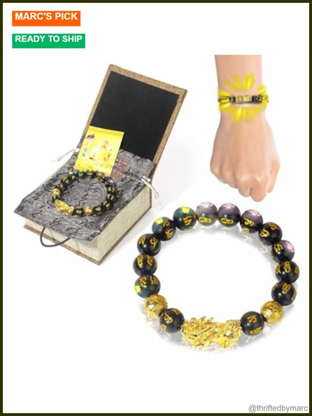 24K Gold Plated Pixiu Obsidian Bracelet Feng Shui Wealth Protection